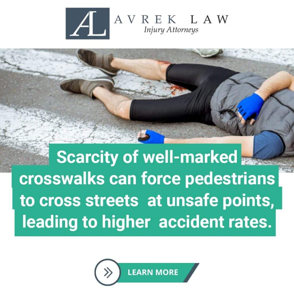 scarcity of well-marked crosswalks can force pedestrians to cross streets